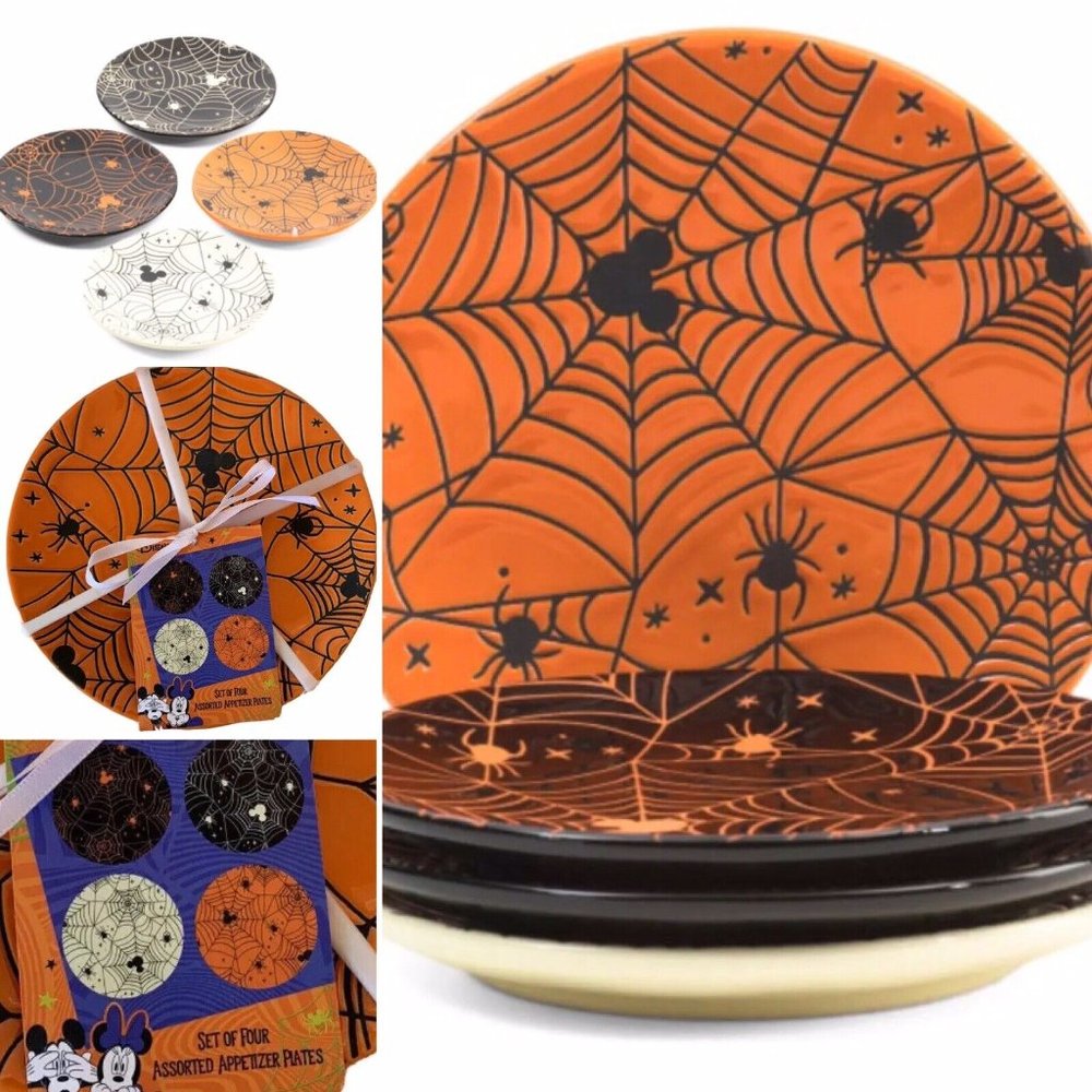 x8 Zrike DISNEY Halloween MICKEY MOUSE Spiderweb Plate Set Appetizer Dessert NEW